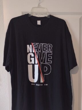 Never Give Up Graphic Tee - Black with White & Red Print New